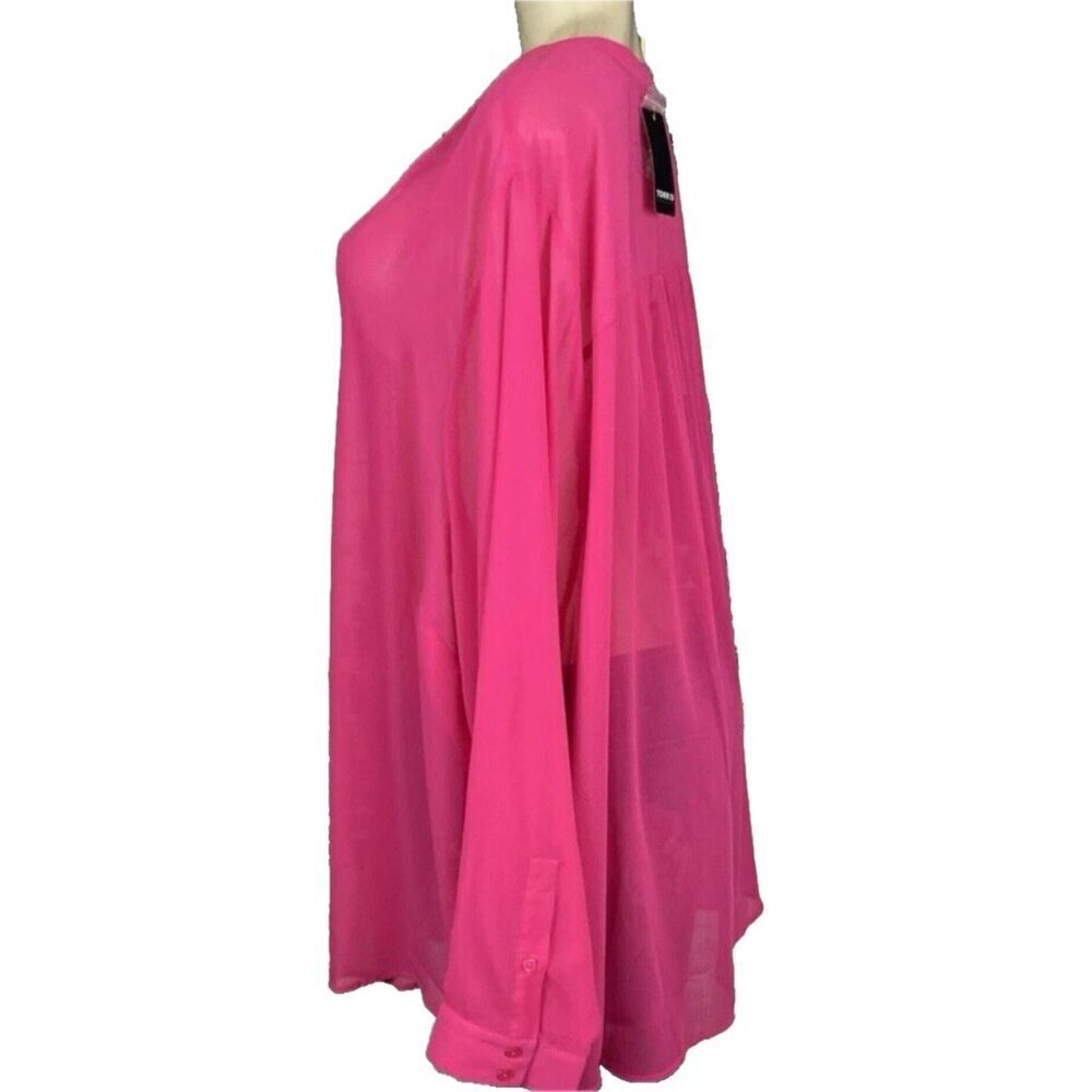 Torrid +5 Pink Split Neckline Button Down Sheer Woven Chiffon Long Sleeve Blouse - Picture 4 of 6